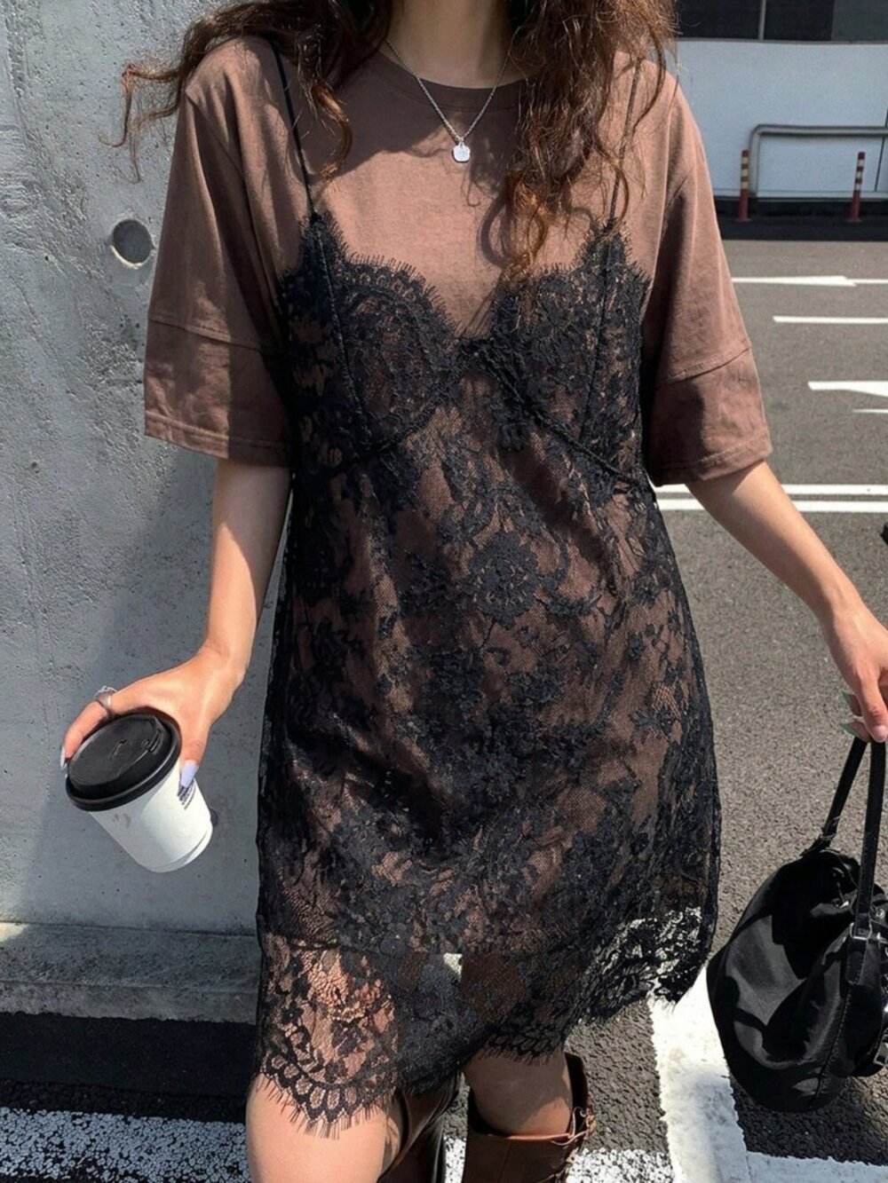 Coffee Casual Women's Lace Patchwork Drop Shoulder Tunic